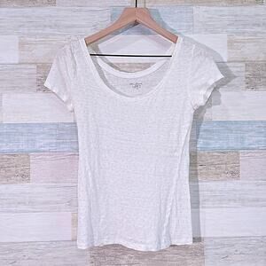 LOFT 100% Linen Scoop Neck Tee White Beige Polka Dot Short Cap Sleeve Womens XS